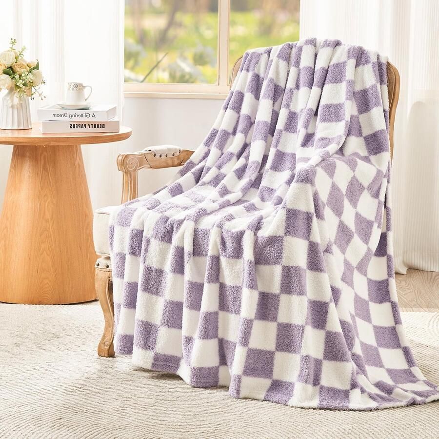 EMME Knuffeldeken Fluffy Sherpa Geruite deken zachte warme wollen deken & fleece deken sprei plaid deken voor bank lavendel 130 x 150 cm