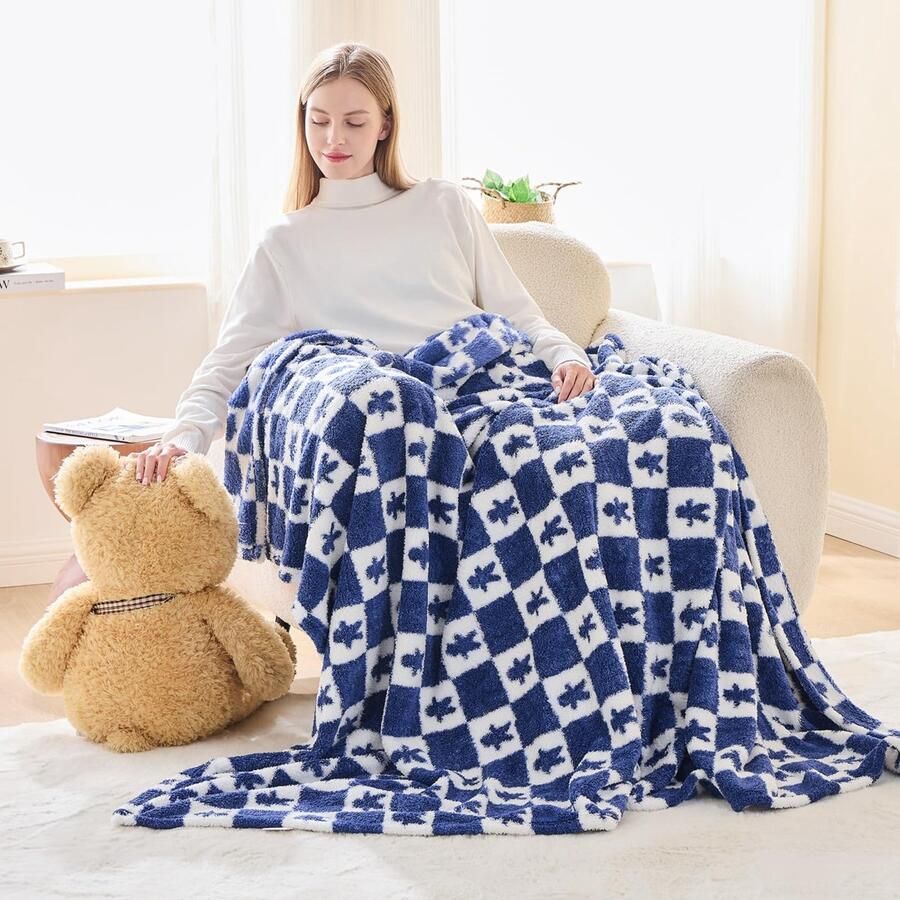 EMME Knuffeldeken Fluffy Sherpa Peperkoekmandeken Zachte warme wollen deken & fleecedeken sprei plaid deken voor bank marineblauw 130 x 150 cm