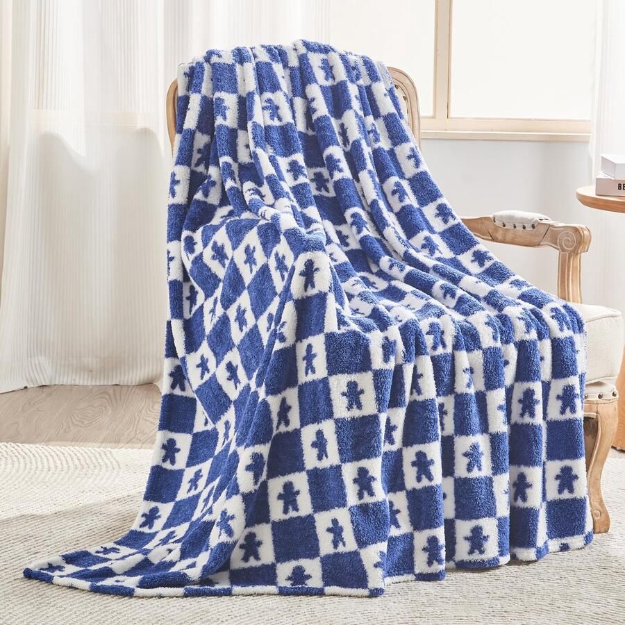 EMME Knuffeldeken Fluffy Sherpa Peperkoekmannetje 200 x 230 cm Zachte warme wollen deken & fleece deken sprei plaid deken voor bank marineblauw