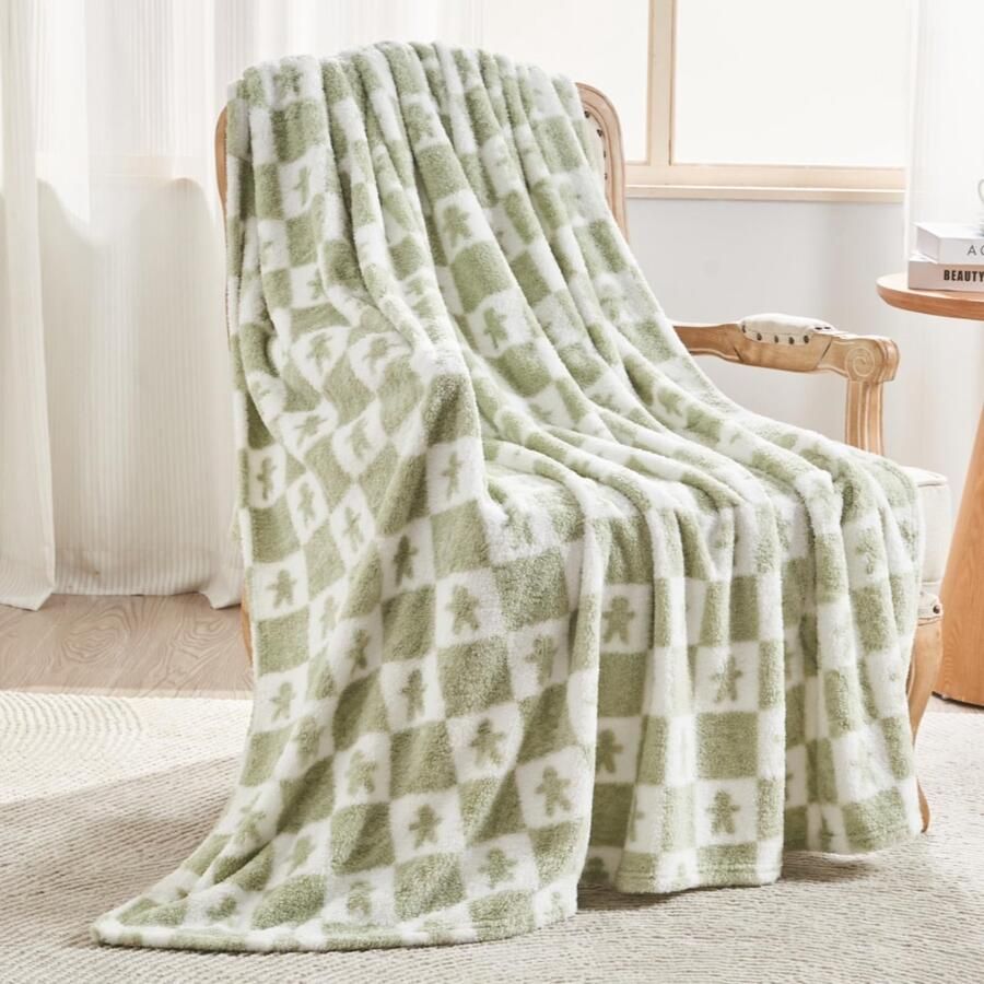 EMME Knuffeldeken Fluffy Sherpa Peperkoekmannetje 200 x 230 cm Zachte warme wollen deken & fleece deken sprei plaid deken voor bank groen