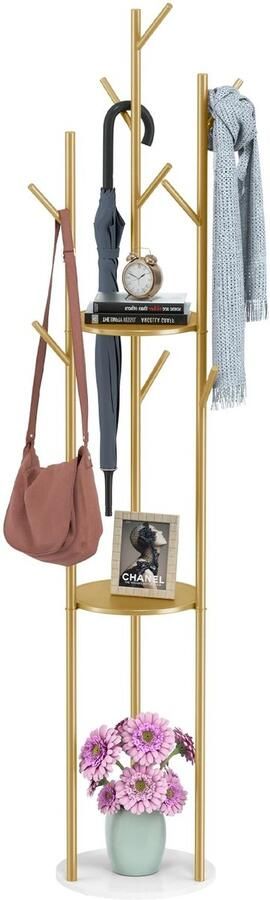 Emora Goud Metalen Kapstok Marmerlook Voet Kapstok Staand Jassen Kapstok 9 Haken 3 Opbergplanken 172 cm Hoog