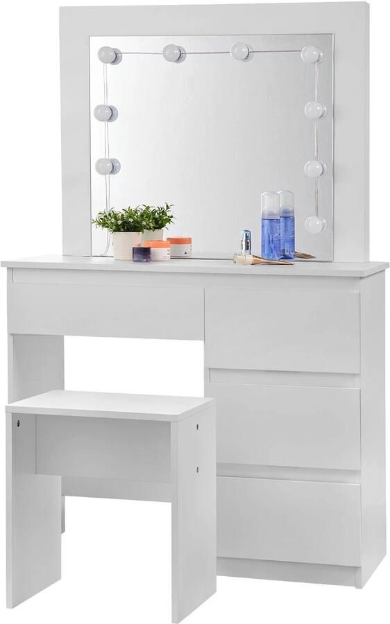 Emora Luxe Make-up Kaptafel Inclusief Kruk 4 Lade LED Verlichting Spiegel Cosmetische Organizer Kleur Wit 90x40x140 cm