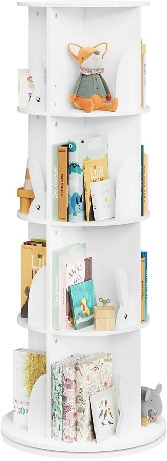 Emora Roterende kinderboekenkast Boekenkast met 4 niveaus Staande plank 128 cm hoog Ronde boekenplank Speelgoed opbergkast voor woonkamer Slaapkamer Kantoor