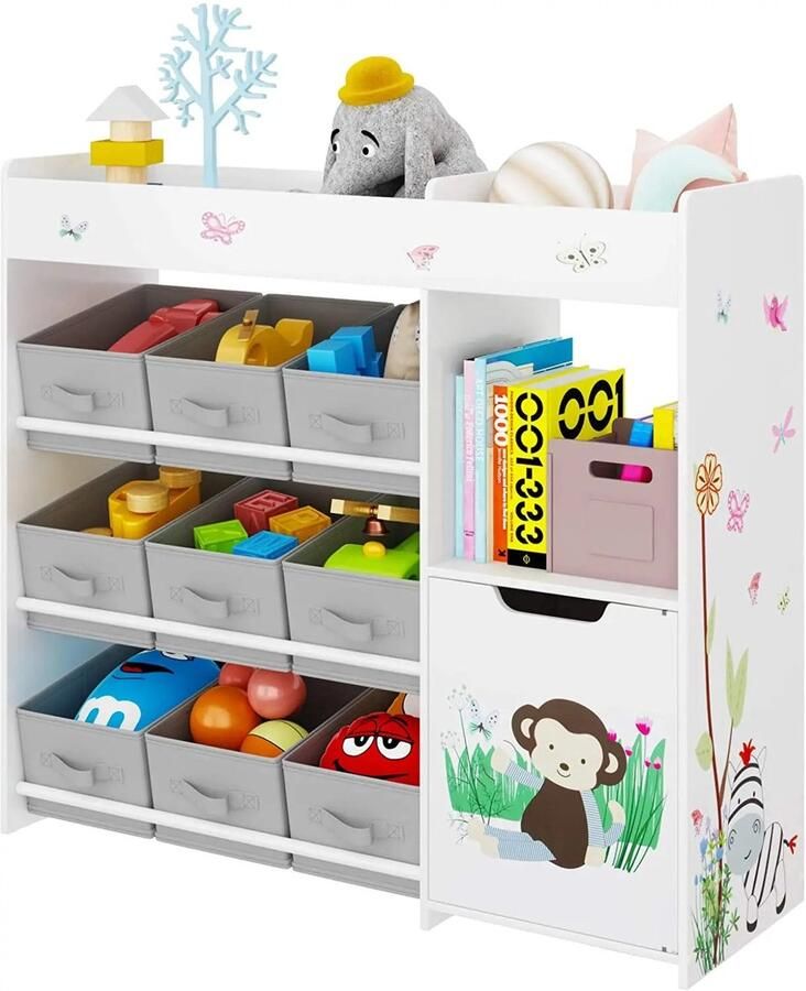 Emora Speelgoedrek Kinderplank met 9 opbergruimtes speelgoed organizer Kast met speelgoedmand Hout Wit 90x80 cm