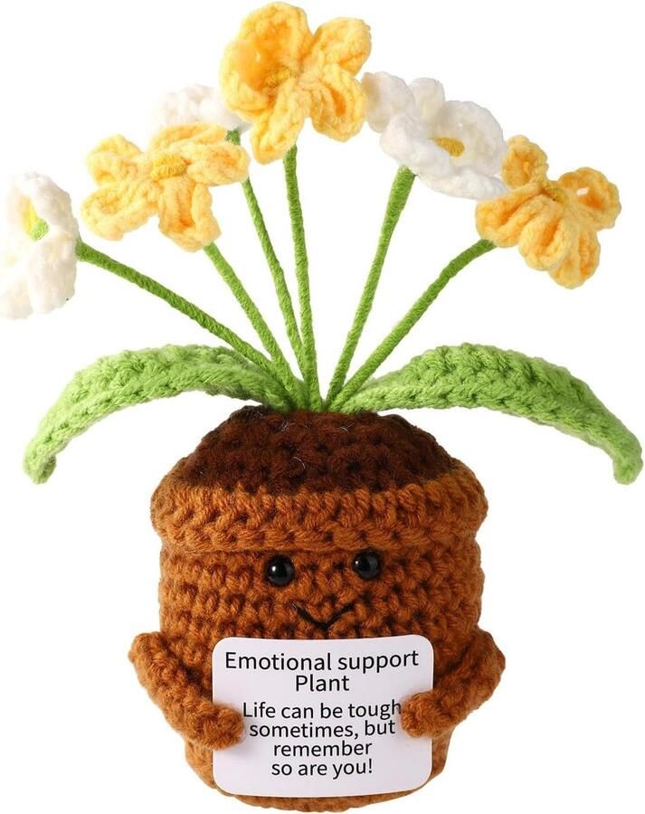 Emotional Haakbloemen Creatieve Gebreide Haakbloemen met Aanmoedigende Kaart Grappige Vergeet-Mij-Stapels Bloemen Perfecte Decoratie voor op het Bureau Afstudeercadeau voor Familie en Vrienden