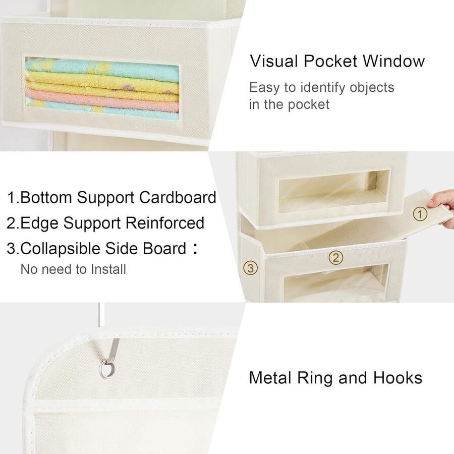 Opbergoplossing voor boven de deur 6 doorzichtige vensterzakken hangende opslag stalen haken kledingkast opbergorganizer speelgoed kinderkamer keuken slaapkamer badkamer - Foto 3