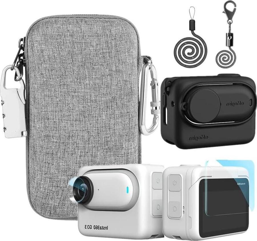 Accessories Kit Compatible with Insta360 GO 3 Silicone Camera Case Cover and Lens Cap 3D Screen Protector Film Carrying Case with Auto Locking Carabiner and Anti-loss Lock Black