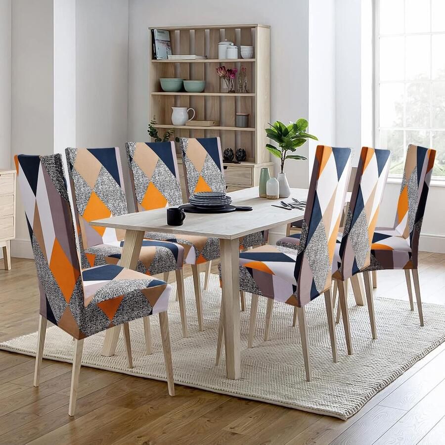 Stoelhoezen Set van 6 Stoelhoezen Universele Bi-Elastische Hoezen voor Stoelen Moderne Stretch Stoelhoezen Verwijderbaar Wasbaar voor Eetkamer Hotel Banket Partijen Deco Oranje Geometrie