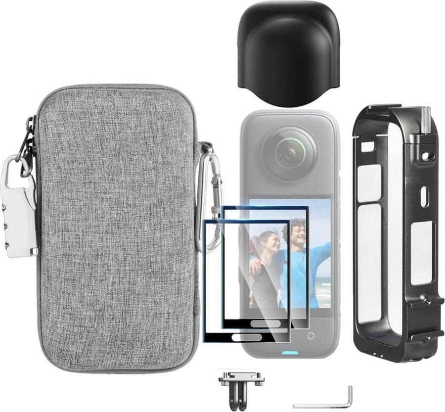 7in1 Accessory Set for Insta360 X4 Aluminum Protective Frame Cage Silicone Cap 3D Screen Protector Film Carrying Case with Auto Locking Carabiner and Anti-Loss Lock
