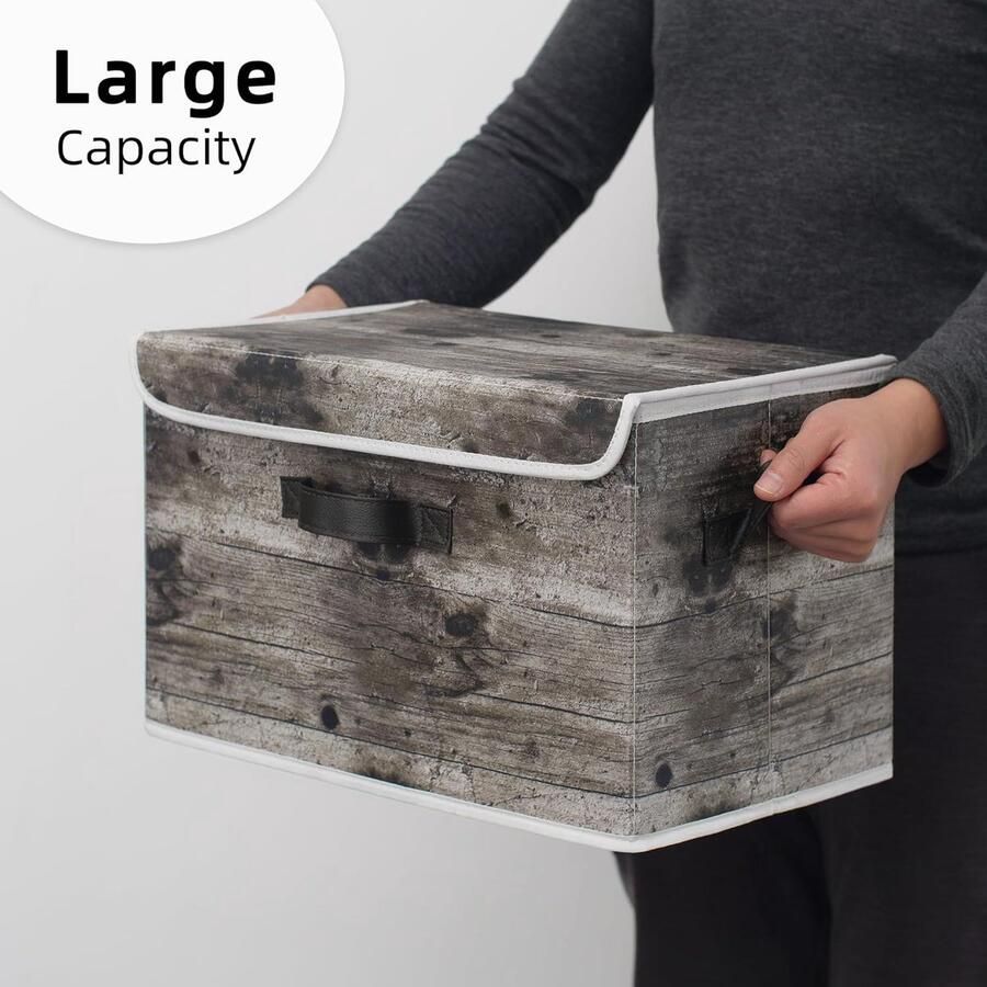Opbergboxen met deksel 2 pak stoffen opbergdozen met deksels opbergbakken met deksel kledingkast organizer opbergen en organiseren opvouwbare opbergdoos voor kleding -Houtnerf Grijs