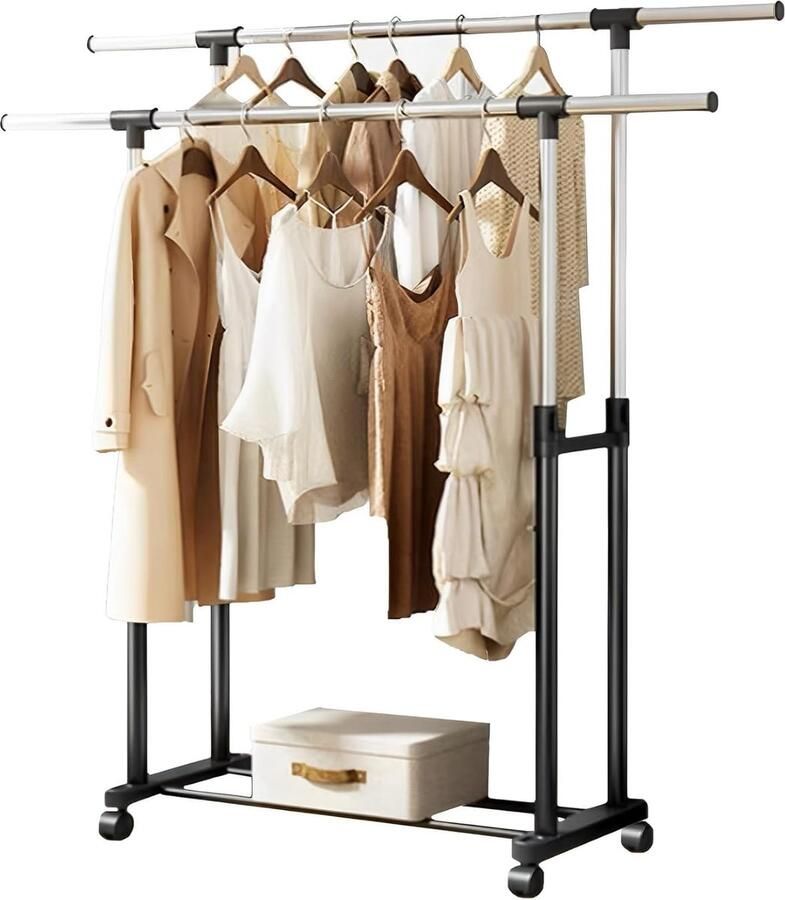 Dubbele kledingkast. Staande kledingkast uitschuifbaar met wielen 2 bovenrails en onderplanken. Robuust kledingrek met verstelbare hoogte. Perfect voor thuis hal