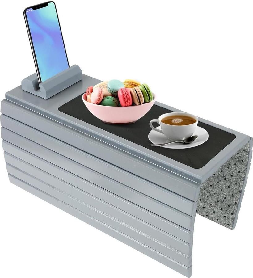 Bankdienblad met mobiele telefoonhouder houten bamboe antislip armleuningtafel grijs - Foto 2