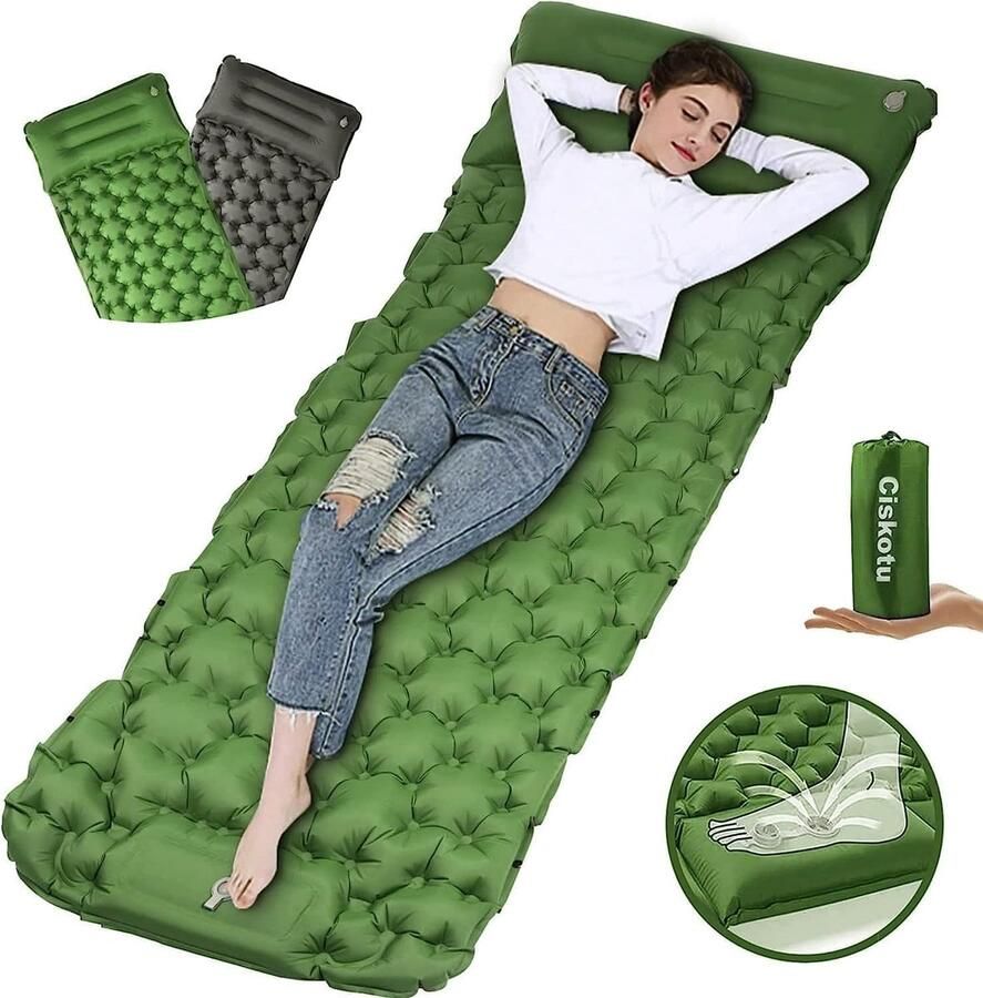 Zelfopblazende slaapmat 8 cm verdikt luchtbed zelfopblazend met kussen campingmatras buiten voor kamperen wandelen backpacken en wandelen (groen + grijs)