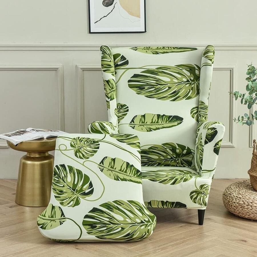 Hoes voor oorfauteuil rekbaar 2-delig zetelovertrek met T-kussensloop antislip voor woonkamer hotel slaapkamer (groene bladeren)