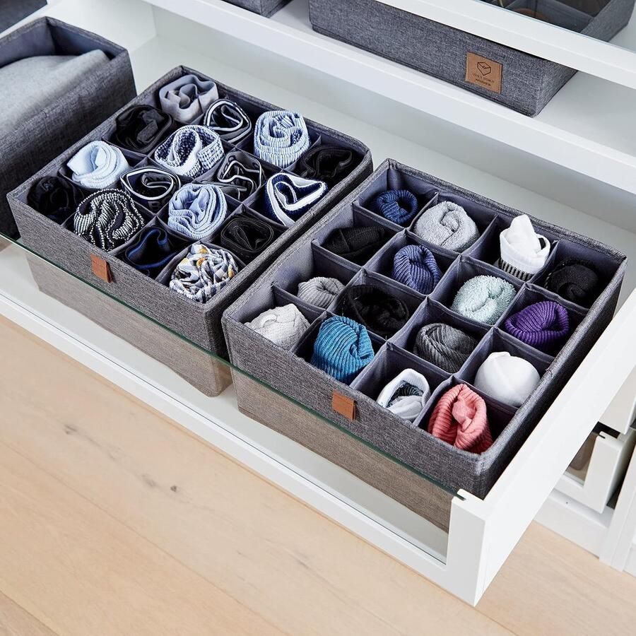 Lade Organizer Divider Set van 4 Stoffen Opvouwbare Dressoir Roosters Kledingkast Opbergen Slaapkamerkast Opbergdozen voor het Opbergen van Sokken Ondergoed Stropdassen Sjaals Grijs