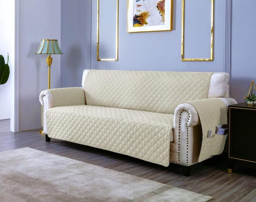 Waterdichte Bankhoes met Opbergvakken 3 Zitplaatsen (170 CM) Gequilte Gevoerde Antikras Crème Wit - Foto 2