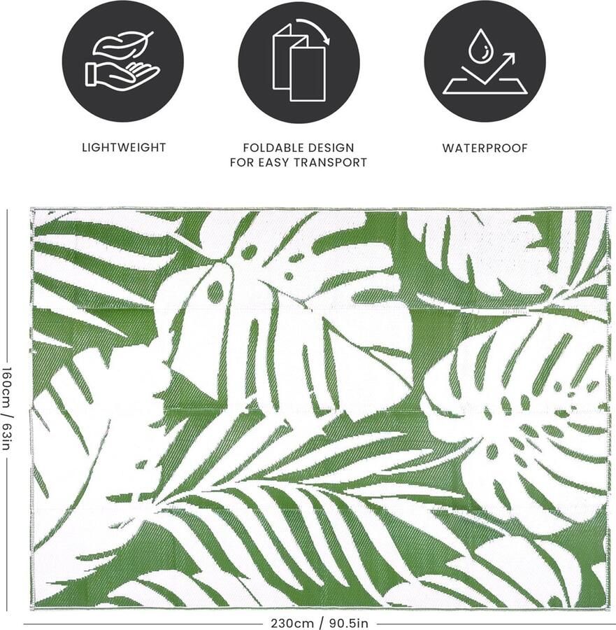 Outdoortapijt waterdicht omkeerbaar groot 160 x 230 cm olijfgroen en wit tropisch blad tapijten voor tuin buiten terras camping terras achtertuin picknick