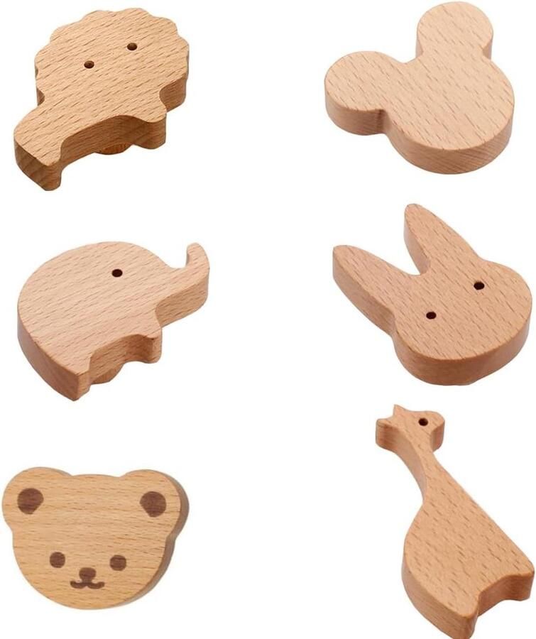 Houten dierlijke kastknoppen set van 6 stuks voor kinderen natuurlijke decoratie met meubelknoppen en kastdeurknoppen kastknoppen kinderkamer
