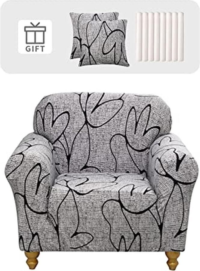 Bankhoes 1-zits stretch bankovertrek elastische bankovertrek elastaan bankovertrek met 2 kussenslopen antislip wasbaar bankbescherming grijze bloem