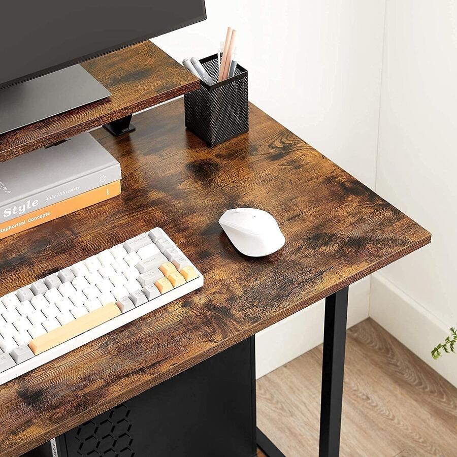 Livingsigns Bureau computertafel met wielen met monitoropzetstuk 6 haken 80 x 50 x 90 cm industrieel design vintage bruin-zwart LWD085B01