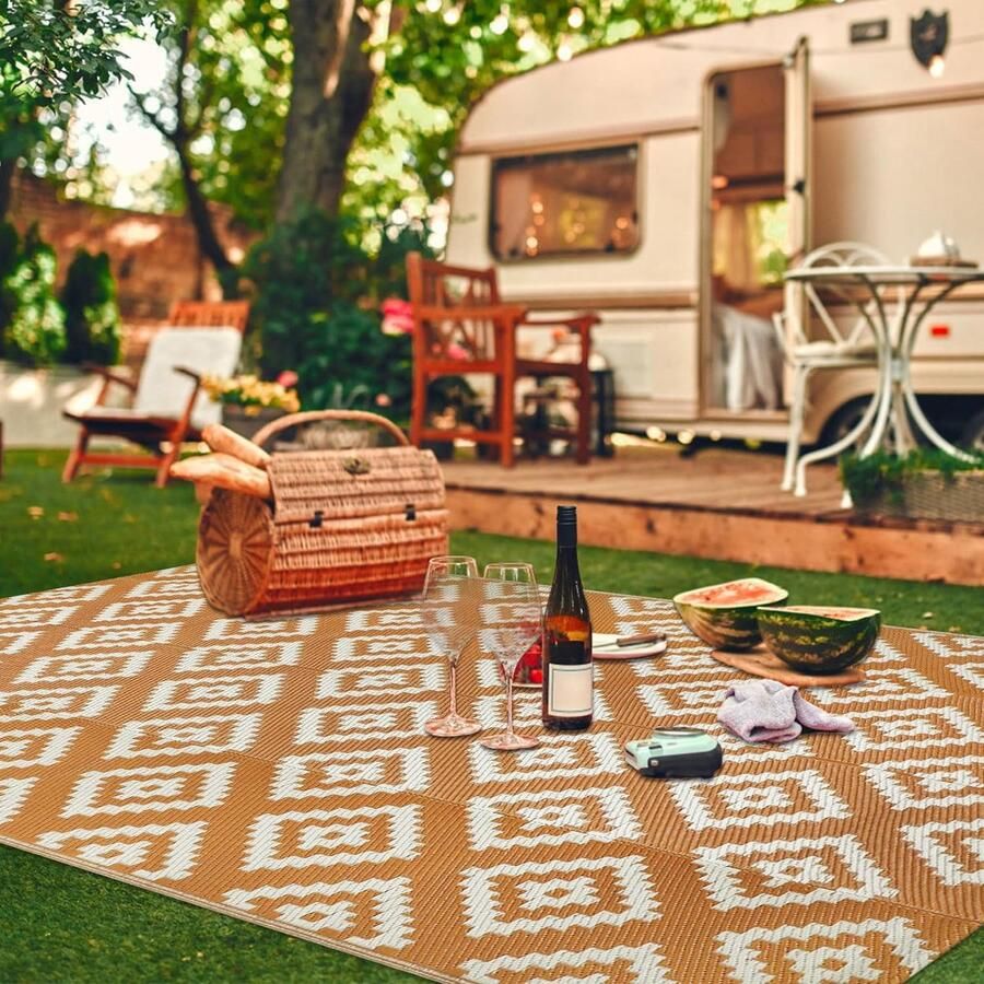 Outdoor tapijten 150 x 245 cm omkeerbare matten UV-bestendige campingmat plastic stro tapijt gerecycled buitengebied tapijt voor patio picknick (bruin-beige)