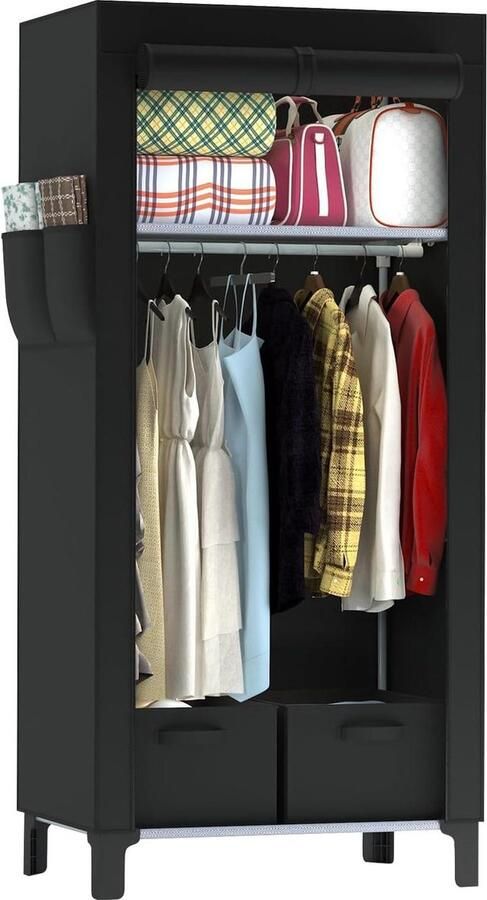 Kledingkast met vakken en zijvak stoffen kast garderobe met kledingstangen opslag voor kleding kledingrek kleedkamer slaapkamer (wijnrood) kledingkast - Foto 4