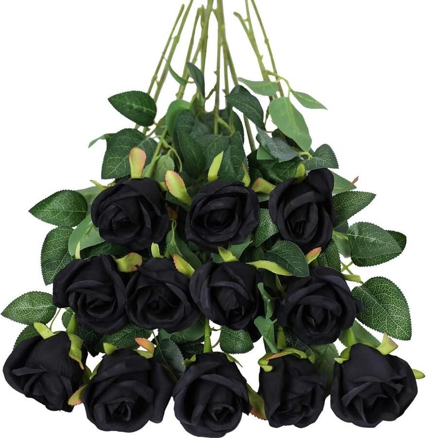 Enkele Lange Steel Nep Roos Zijde Bloemen Faux Rose Bruids Boeket Realistische Bloem voor Bruiloft Partij Thuis Tafel Decoratie Centerpieces (Bud Rozen Zwart) 12 Stuks