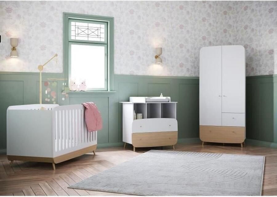 Ens. babybed 70 x 140 Schaalbare kit ladekast 2 laden 3 nissen en 1 commode 1 kledingkast FIRMIANA Wit & hout DEMEYERE