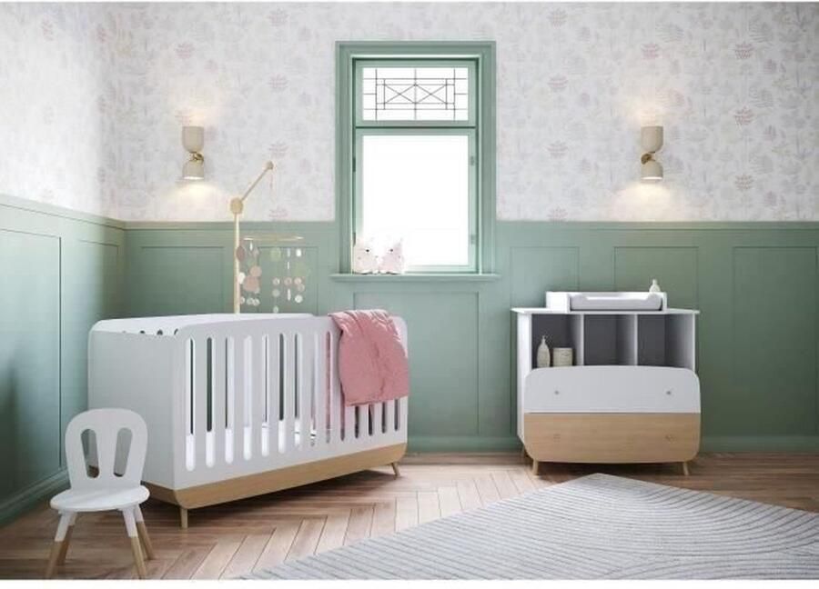 Ens. babybedje 70 x 140 Schaalbare kit ladekast 2 lades 3 nissen en 1 aankleedkussen FIRMIANA Scandinavisch Wit hout DEMEYERE