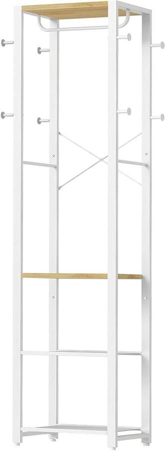 Allecto Plus Entreekast met Kapstok en Schoenenrek Opbergrek Halkast 3 Planken 8 Haken Wit en Houtkleur Halmeubel met Stang Handig en Stijlvol Design