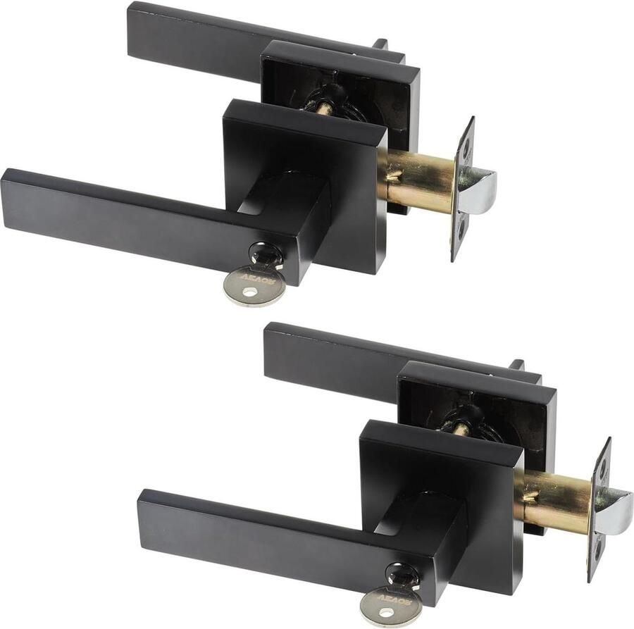 Entry Knobs Lock and Key Black Square Contemporary Door Handle Set 2 Pcs