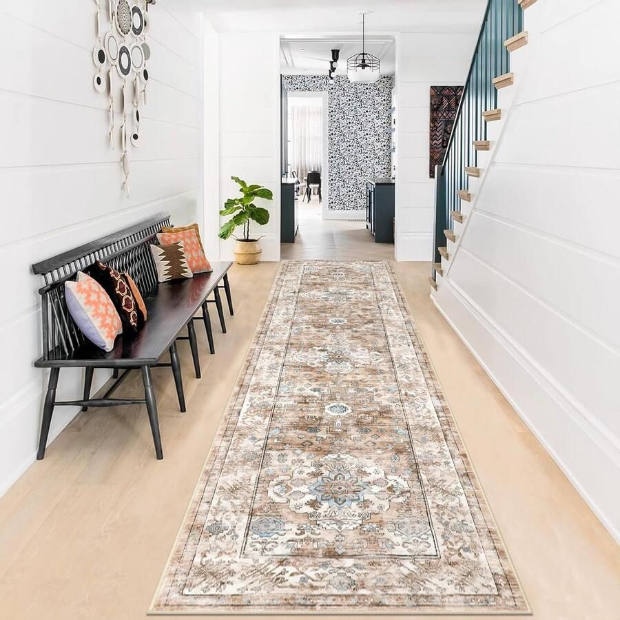 Enyhom Carpet Runner 60 x 240 cm Extra lange loper Vloerkleden voor de gang Antislip Wasruimte Machinewasbaar Keuken Vloermat voor entree Slaapkamer Trap Badkamer Crèmekleurig