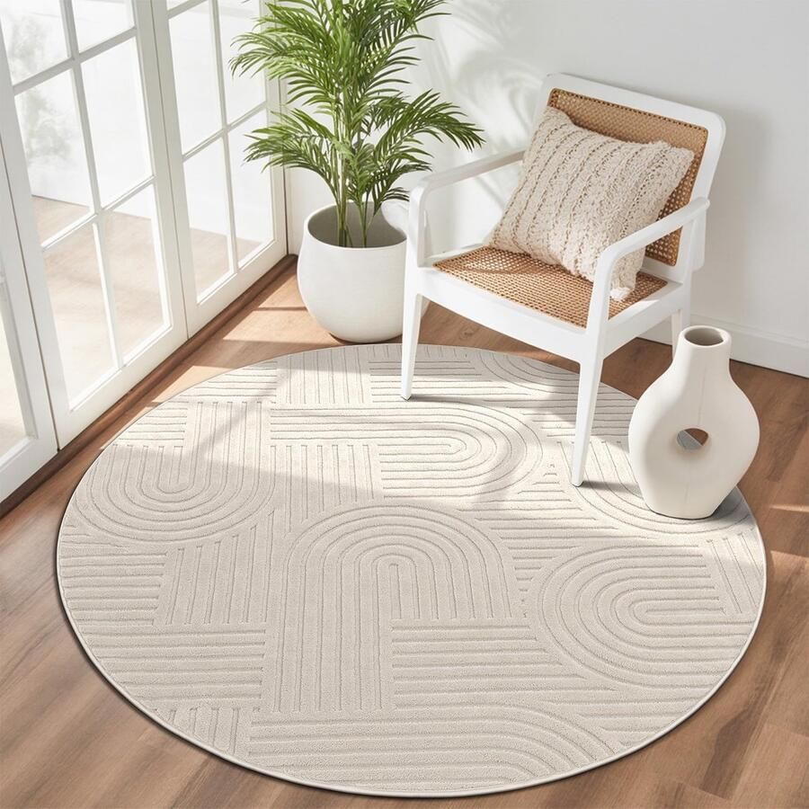 Enyhom Rond Tapijt Woonkamer 120cm Zacht Kortpolig Tapijt Wasbaar Modern Tapijt 3D Effect Antislip Tapijten voor Eetkamer Keuken Slaapkamer Beige
