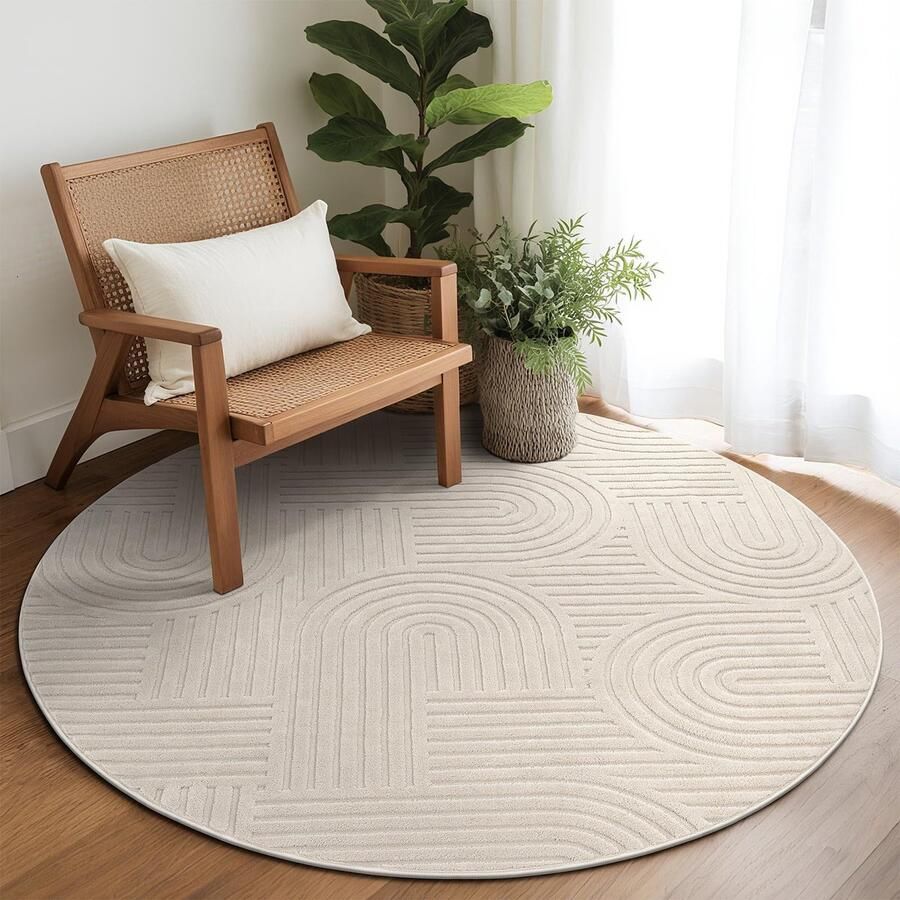 Enyhom Rond Tapijt Woonkamer 160cm Zacht Kortpolig Tapijt Wasbaar Modern Tapijt 3D Effect Antislip Tapijten voor Eetkamer Keuken Slaapkamer Beige