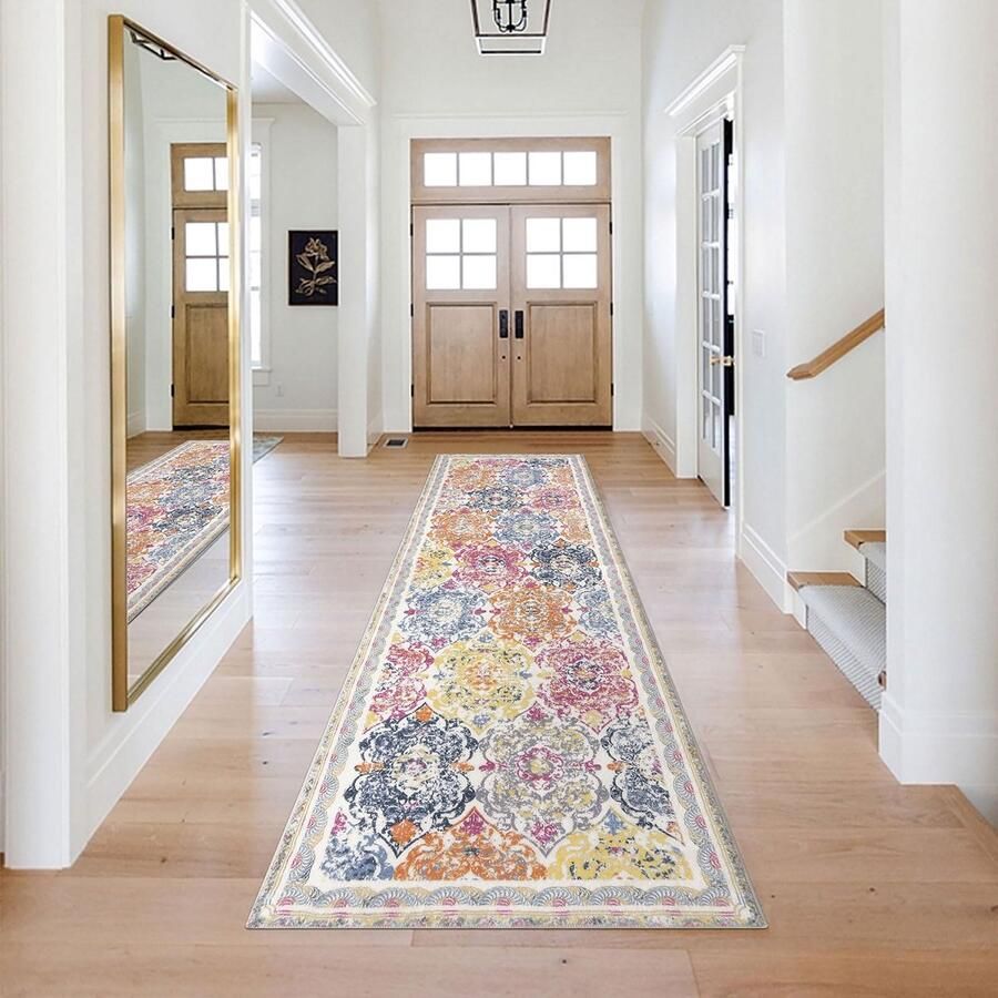 Enyhom Vloerkleed voor Hal Korte Pool Lange Vintage Boho Keukenloper Antislip Deurmat Wasbare Zachte Vloerkleed voor Wasruimte Entree Woonkamer Kleurrijk 75 x 243 cm