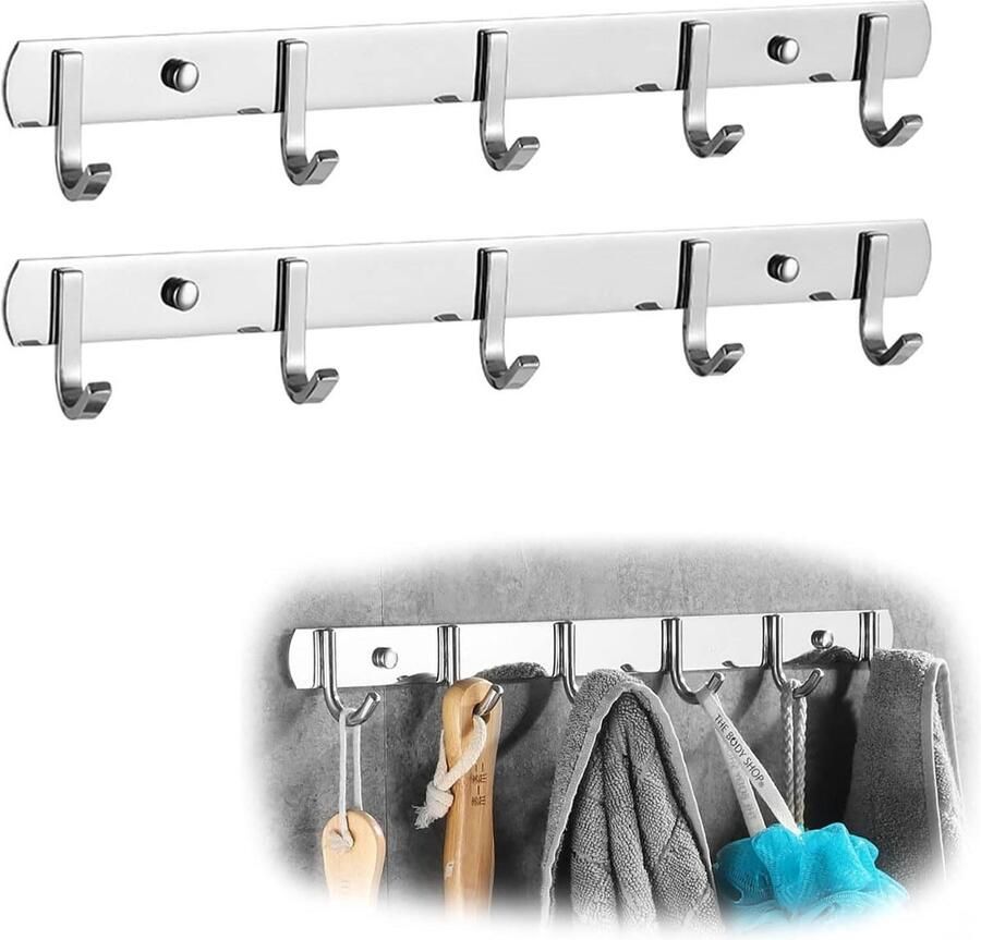 ERBO 2-delige roestvrijstalen kapstok garderobekast met 6 haken wandgemonteerde kapstokken voor keuken wandgemonteerde kledingkast slaapkamer badkamer (zilver 31 cm)