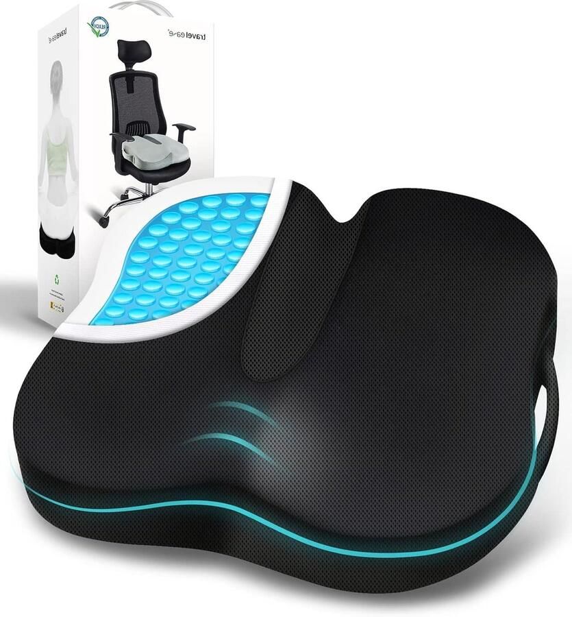 Ergonomic Gel Memory Foam Seat Cushion with Non-slip Base for Long Lasting Comfort Hip Support Cushion for Office Chair Car Seat Gaming Chair (Black)