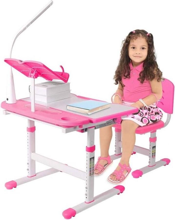 Ergonomic Kids Desk and Chair Set Height Adjustable Children Desk Chair Desk with Lamp and Book Stand Multi-functional Kids Study Desk and Chair Set School Student Writing Desk Pink Children's Furniture
