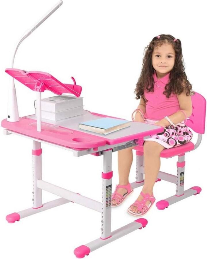 Ergonomische kinderbureau- en stoelenset in hoogte verstelbare kinderbureaustoel bureau met lamp en boekenstandaard multifunctionele kinderstudeertafel en stoelenset schrijfbureau voor schoolstudenten roze kindermeubilair