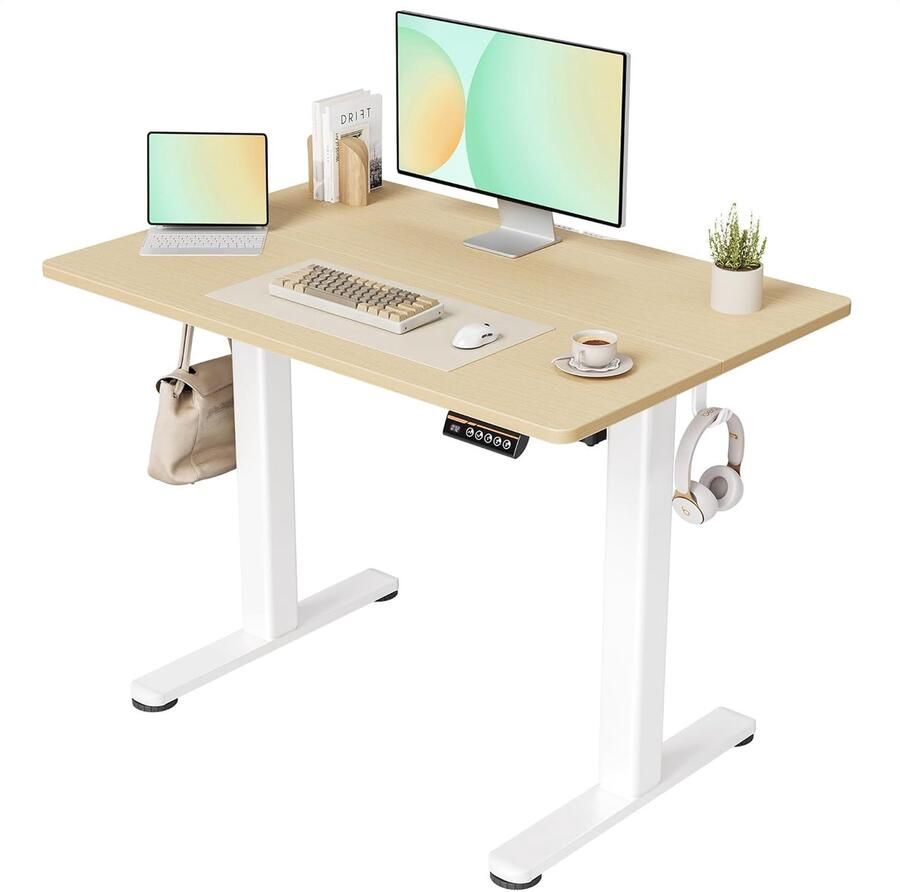 Bureau in hoogte verstelbaar elektrisch in hoogte verstelbaar bureau 100 x 60 cm staand in hoogte verstelbaar wit frame beige oppervlak