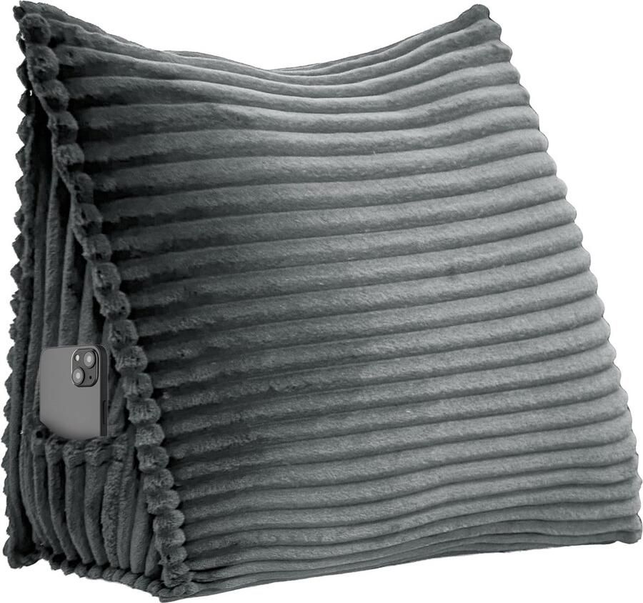 Ergonomisch driehoekig rugkussen voor bed en bank leessteunkussen met afneembare wasbare hoes (donkergrijs 45 x 35 x 20 cm)