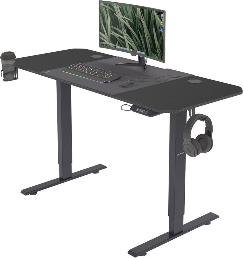 Ergonomisch Elektrisch In Hoogte Verstelbaar Bureau met Memory Functie en Hoofdtelefoon- Bekerhouder Zwart Carbon 140 x 60 cm