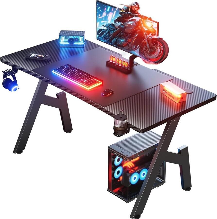 Ergonomisch Gaming Bureau 120x60cm Stabiele PC Tafel met Koolstofvezel Blad Bekerhouder en Koptelefoonhaak