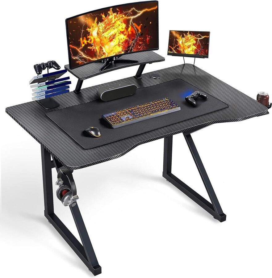 Bureautafel Ergonomisch Gamingbureau 110 x 70 cm Thuis Speeltafel voor Computer PC Verstelbare Monitorhouder Zwart