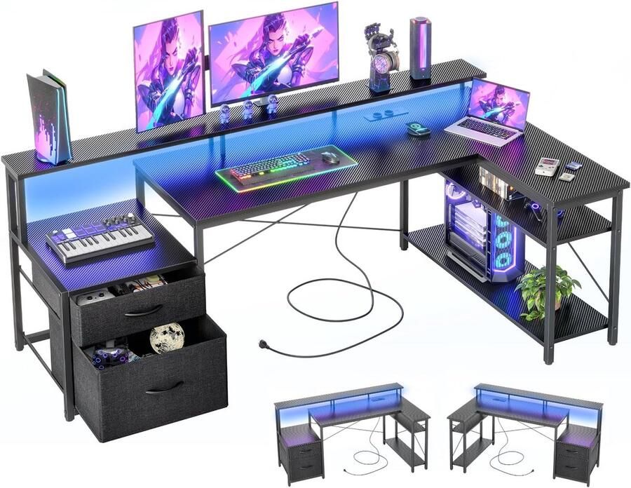 Ergonomisch Hoekbureau met LED Stopcontacten 165x80cm L-vormig Bureau met 2 Laden en Omkeerbare Opbergplanken Moderne Schrijftafel voor Studie Werk en Thuisgebruik