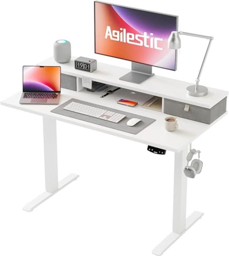 Ergonomisch Hoogteverstelbaar Bureau met 2 Laden 100 x 60 cm Stabiel Elektrisch Zit-Sta Bureau in Wit