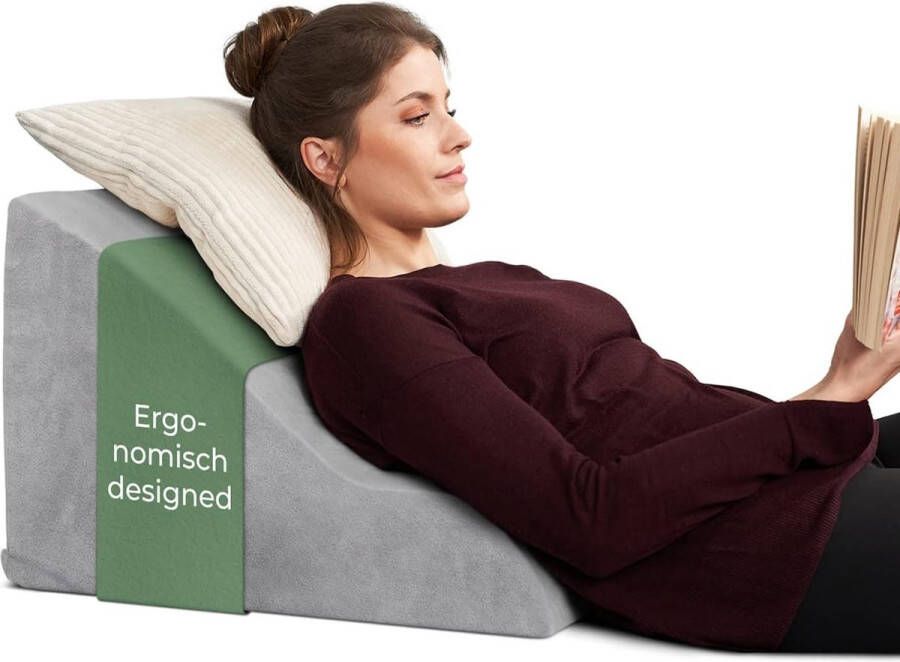 Ergonomisch leeskussen voor bed en bank comfortabel rugkussen met traagschuim te gebruiken als reflux-kussen wigvormig bed bedkussen rugleuning zittend en liggend grijs
