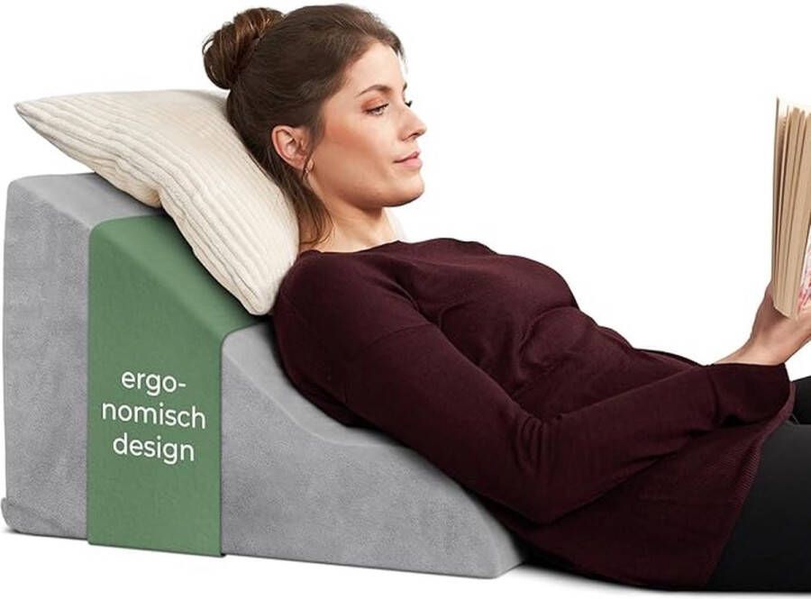 Ergonomisch Leeskussen voor Bed en Sofa Comfortabel Rugkussen met Memory Foam Bruikbaar als Refluxkussen Wigkussen Bed Bedkussen Rugleuning in Zitten en Liggen Grijs