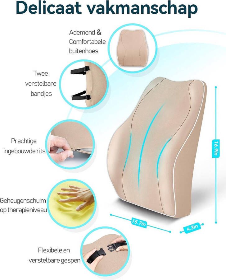 Ergonomisch Lendensteun Kussen Rugleuning van Traagschuim voor Autostoel Bureaustoel Gamestoel Rugleuning met Antistatische Hoes en Dubbele Verstelbare Banden Beige - Foto 2
