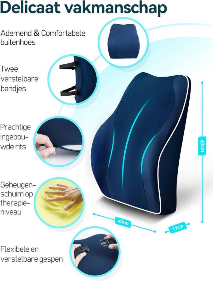 Ergonomisch Lendensteun Kussen Rugleuning van Traagschuim voor Autostoel Bureaustoel Gamestoel met Antistatische Hoes en Verstelbare Banden Donkerblauw TRAVEL EASE